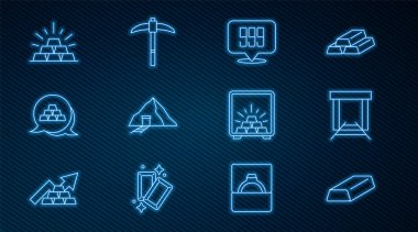 Altın külçeleri, maden ocağı, 24 bin altın ve kazma ikonlu kasa. Vektör