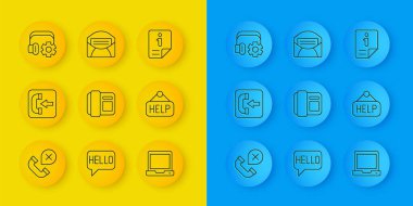 Satır Reddedildi veya cevapsız arama, Gelen, Telefon ahizesi, Laptop, Metin Yardımı ile İmza Panosu, Ayarlı Başlıklar, Bilgi ve E- posta simgesi. Vektör