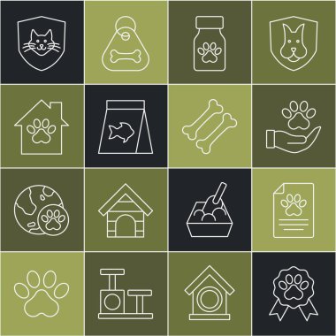 Sabit çizgi Hayvan Ödülü sembolü, Tıbbi Kayıt evcil hayvanı, Hayvanlı Eller ayak izi, ilaç şişesi hapları, balıklar için yiyecek, ev, hayvan sağlığı sigortası ve köpek kemiği ikonu. Vektör