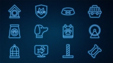 Sabit çizgi köpek kemiği, hamster tekerleği kedi ya da köpek için evcil hayvan yemek kasesi, evcil hayvan, ev, takvim tımarı ve hayvan sağlığı sigortası ikonu. Vektör