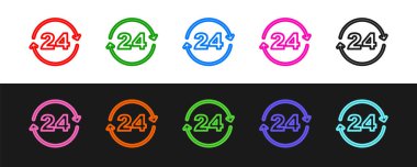 Hattı ayarla Telefon 24 saat destek ikonu siyah beyaz arkaplanda izole edildi. Tüm gün müşteri destek merkezi. Tam zamanlı çağrı servisi. Vektör.