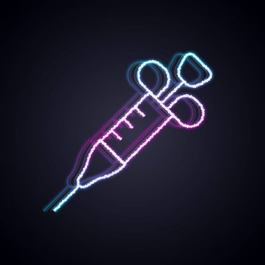 Parlayan neon çizgisi şırınga simgesi siyah arkaplanda izole edildi. Aşı için şırınga, aşı, iğne, grip aşısı. Tıbbi ekipman. Vektör