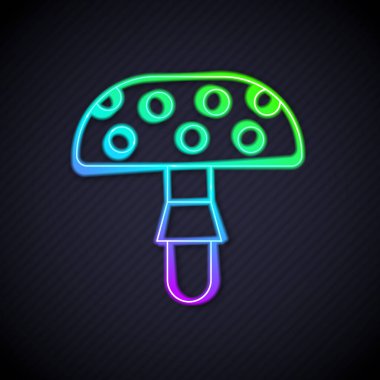 Parlayan neon hattı Amanita muscaria ya da siyah arka planda izole edilmiş agarik halüsinojenik mantar mantar ikonu. Benekli zehirli mantar. Vektör