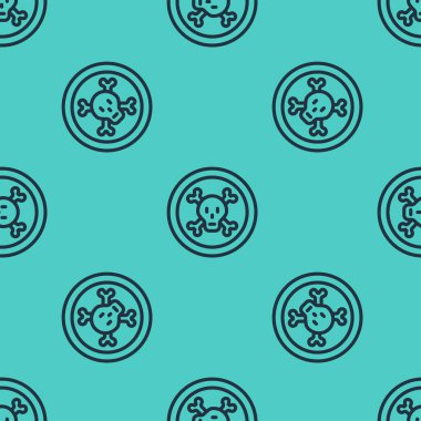 Black line Bones and skull as a sign of toxicity warning icon isolated seamless pattern on green background.  Vector