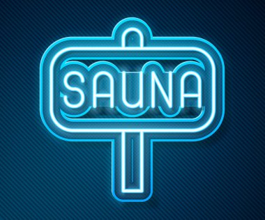 Parlayan neon hattı Sauna simgesi mavi arkaplanda izole edildi. Vektör