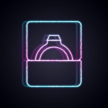 Parlak neon çizgili elmas nişan yüzüğü siyah arka planda izole edilmiş bir kutuda. Vektör