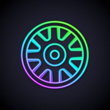 Siyah arkaplanda izole edilmiş araba simgesi için parlayan neon hat alloy tekerleği. Vektör