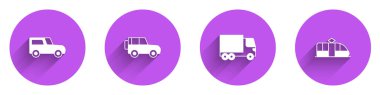 Araba, off road car, kargo kamyonu, tramvay ve uzun gölgeli tren ikonu ayarlayın. Vektör