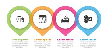 Madenci kamyonu, toprak, maden ve varil yağı ayarlayın. Ticari bilgi şablonu. Vektör