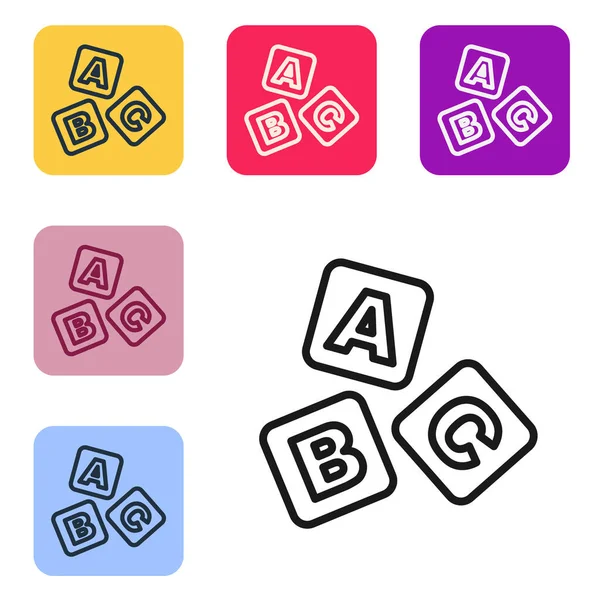 stock vector Black line ABC blocks icon isolated on white background. Alphabet cubes with letters A,B,C. Set icons in color square buttons. Vector