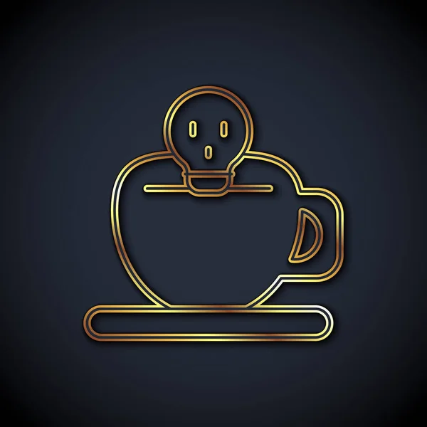 Gouden Lijn Koffie Kopje Met Schedel Pictogram Geïsoleerd Zwarte Achtergrond — Stockvector