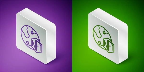 等距线Nft数码加密艺术图标隔离在紫色和绿色背景 不可替换的象征 银方按钮 — 图库矢量图片