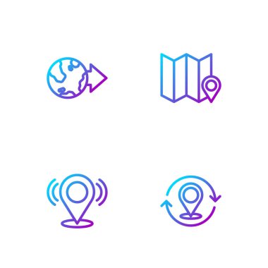 Çizgi Harita iğnesi, dünya üzerindeki konum ve konum işaretleyicisiyle katlanmış harita ayarla. Renk simgeleri. Vektör