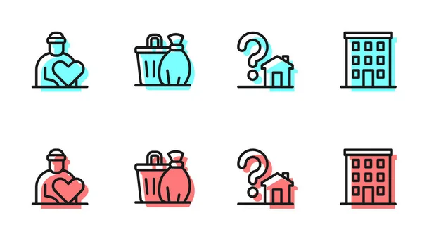 stock vector Set line House with question mark, Volunteer, Trash can and Multi storey building icon. Vector