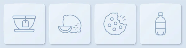 将茶袋 饼干或饼干 柠檬和水壶排成一行 白色正方形按钮 — 图库矢量图片