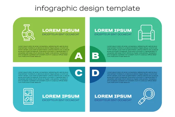 Stock vector Set line Portable video game console, Ancient amphorae, Magnifying glass and Armchair. Business infographic template. Vector