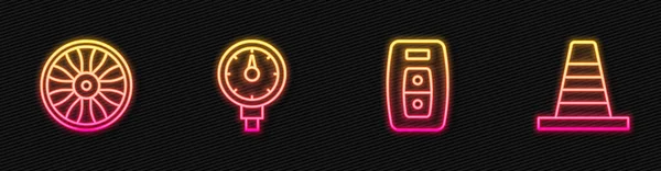 设置线汽车钥匙与遥控器 合金轮汽车 轮胎压力表和交通锥形 发光的霓虹灯图标 — 图库矢量图片