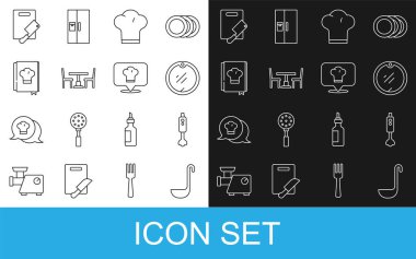 Mutfak kepçesi, blender, kesme tahtası, şef şapkası, sandalyeli ahşap masa, yemek kitabı, et helikopteri ve konum ikonu. Vektör