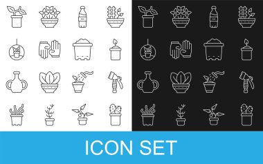 Cactus peyote in pot, water sprey bottle, Sprout, Bottle of Water, Lastik eldivenler, Bitki asma ve toprak ikonlu tencere. Vektör