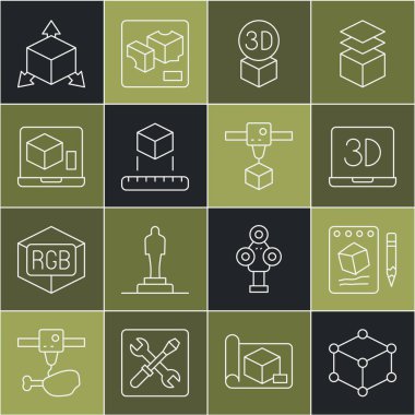 Satır Isometric küp, kağıda çizim, 3D yazıcı ve simge koy. Vektör