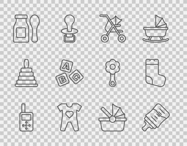 Hattı ayarla. Bebek telsizi, şişe, bebek arabası, giysi, kaşık, ABC bloklar ve çorap ikonu ile yoğurt. Vektör