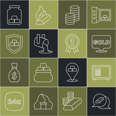Altın külçeler, kasa, bozuk para, erimiş altın dökülüyor, kalkanla ve madalya ikonuyla. Vektör