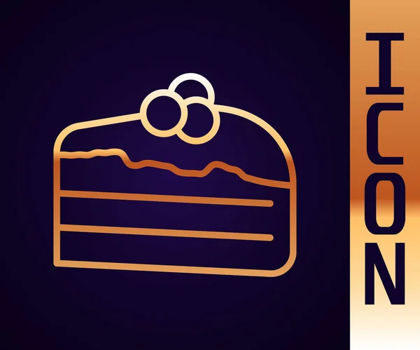 Gold Line Piece Cake Icon Isolated Black Background Happy Birthday — Stock Vector