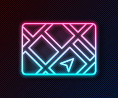 Siyah arkaplanda izole edilmiş harita simgesiyle parlayan neon hattı GPS cihazı. Vektör.