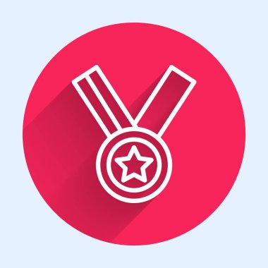 Beyaz çizgi madalya ikonu uzun gölge arkaplan izole. Kazanan başarı işareti. Ödül madalyası. Kırmızı daire düğmesi. Vektör