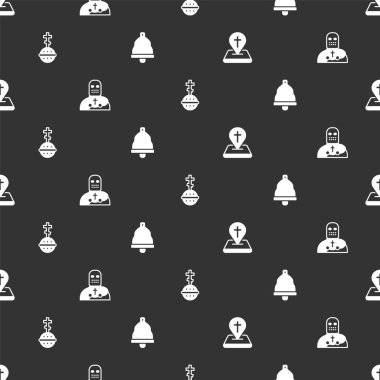 Konum kilisesi binası, Şövalye Haçı, Hıristiyan haçı ve kilise çanlarını kusursuz bir şekilde yerleştirin. Vektör.