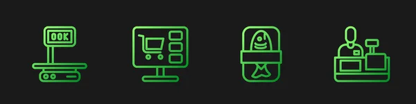 stock vector Set line Fish plastic tray container, Electronic scales, Shopping cart computer and Cashier at cash register. Gradient color icons. Vector