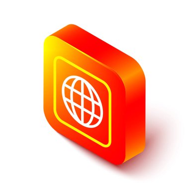 Isometric line Worldwide icon isolated on white background. Pin on globe. Orange square button. Vector