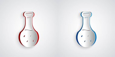 Kağıt kesiği Test tüpü ve kimyasal test ikonu gri arka planda izole edilmiş. Laboratuvar cam levhası. Kağıt sanatı tarzı. Vektör