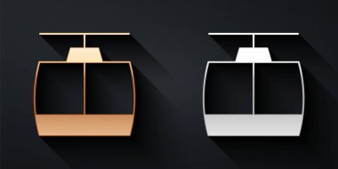 Siyah arkaplanda altın ve gümüş renkli Kablo TV ikonu var. Füniküler işaret. Uzun gölge tarzı. Vektör