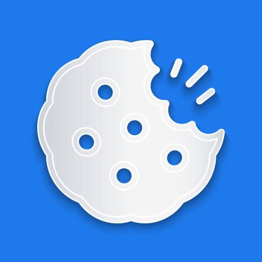 Kağıt kesiği Kurabiye ya da bisküvi, mavi arka planda izole edilmiş çikolata ikonu. Kağıt sanatı tarzı. Vektör