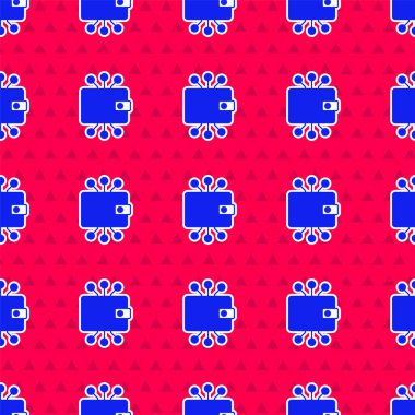 Mavi Kripto Para Birimi cüzdan simgesi kırmızı arkaplanda izole edilmiş kusursuz desen. Cüzdan ve bitcoin işareti. Maden konsepti. Para, ödeme, nakit, ödeme ikonu. Vektör