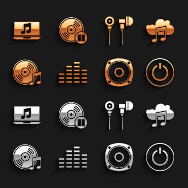 Müzik eşitleyicisini, yayın servisini, Güç düğmesini, Stereo hoparlörünü, Vinil diskini, Hava kulaklığını, müzik notası ve simgesi olan dizüstünü ayarla. Vektör