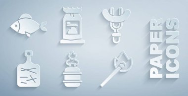 Kamp ocağı, çatalda sosis, kesme tahtası, ateşle yanan kibrit, barbekü kömür torbası ve balık ikonu. Vektör