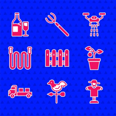 Bahçe çitleri ahşap, Horoz rüzgar gülü, Korkuluk, Saksıda Bitki, Kamyonet, Hortum, Akıllı Çiftlik İHA ve Şarap Şişesi ikonu. Vektör