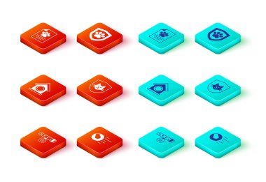 İsim etiketli tasma, oyuncak topu, köpek evi, hayvan sağlığı sigortası ve klinik evcil hayvan ikonu. Vektör