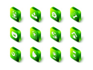 Kedi ya da köpek için evcil hayvan kasesi, pati izi, köpek kemiği, ev, ilaç şişesi ve haplar, evcil hayvan, veteriner hastanesi ve kedi ikonu. Vektör