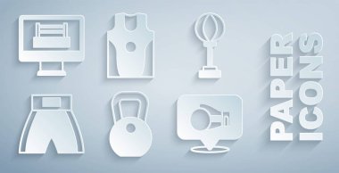 Ağırlık, Kum torbası, boks şortu, eldiven, forma, tişört ve yüzük ikonu. Vektör