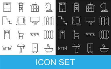 Çamaşır leğeni, su musluğu, ısıtma radyatörü, bahçe çiti ahşabı, dolap, makyaj aynası ışıkları, merdiven, gardırop ve akıllı televizyon ikonu. Vektör