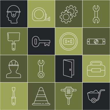 Kürek, Alet kutusu, inşaat balonu seviyesi, dişli, eski anahtar, macun bıçağı, işçi kaskı ve elektrik prizi simgesi. Vektör