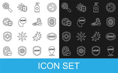 Corona virüsü 2019-nCoV hattını konuma ayarla, sabun kalıbı, kalkan koruması, şişe sıvısı antibakteriyel, büyüteç ve negatif ikon altında virüs. Vektör