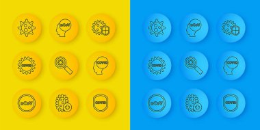 Corona virüsü 2019-nCoV, covid-19, virüsü büyüteç altında koruma kalkanı ve simge altında tut. Vektör