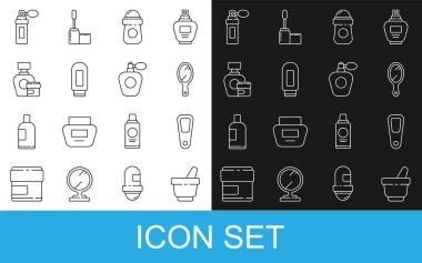 Havan topu ve tokmak, el aynası, terleme önleyici deodorant rulo, krem losyon kozmetik tüp, parfüm ve ikon. Vektör