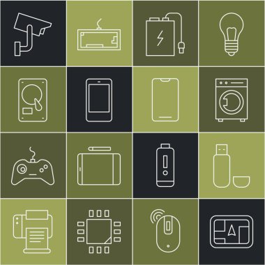 Hat GPS cihazını harita, USB flash disk, çamaşır makinesi, elektrik kablosu, akıllı telefon, cep telefonu, sabit disk HDD, güvenlik kamerası ve simgesi ile ayarla. Vektör