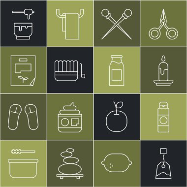 Sıralı poşet, krema ya da losyon kozmetik tüpü, yanan mum, örgü iğneleri, sauna kovası kepçesi, Yaprak dökümanı, Ballı çubuk kase ve süt ikonlu şişe. Vektör