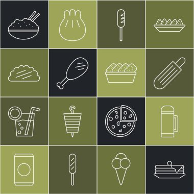 Krep yığını, termos kabı, Fransız sosisi, kızarmış sosis, tavuk budu, tortilla ile taco, pirinç kase çubuğu ve nugget kutusu ikonu. Vektör